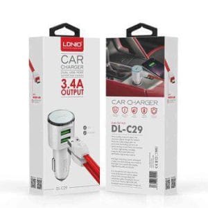 شارژر فندکی دو پورت LDNIO مدل DL-C29 (به همراه کابل شارژ کنفی)